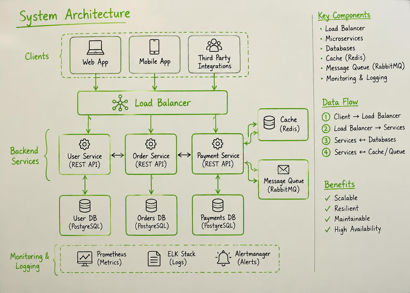 Whiteboard sketch of a service-oriented software architecture drawn in green marker