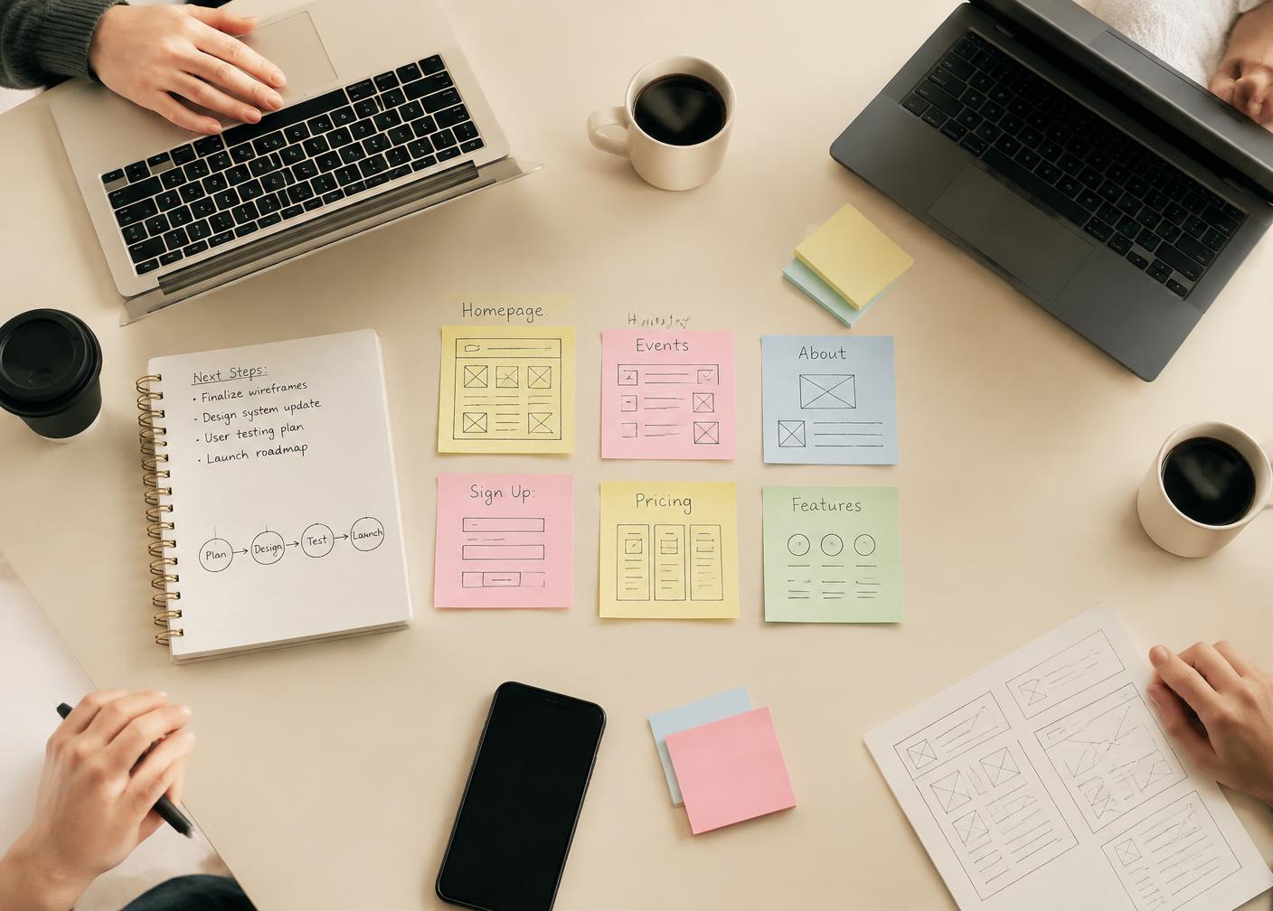 Laptops and sticky-note wireframes on a shared table during a planning session