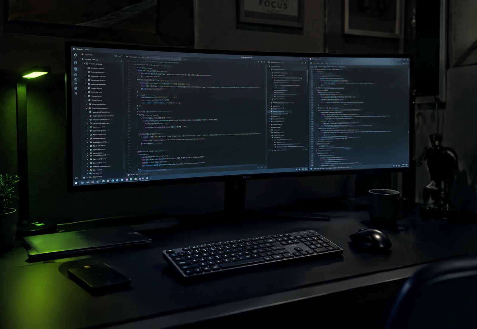 Developer workstation showing source code on an ultrawide monitor